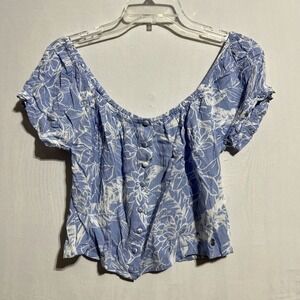 Roxy Crop Top Women's XS Blue Short Sleeve Elasticated Scoop‎ Neck Button Front